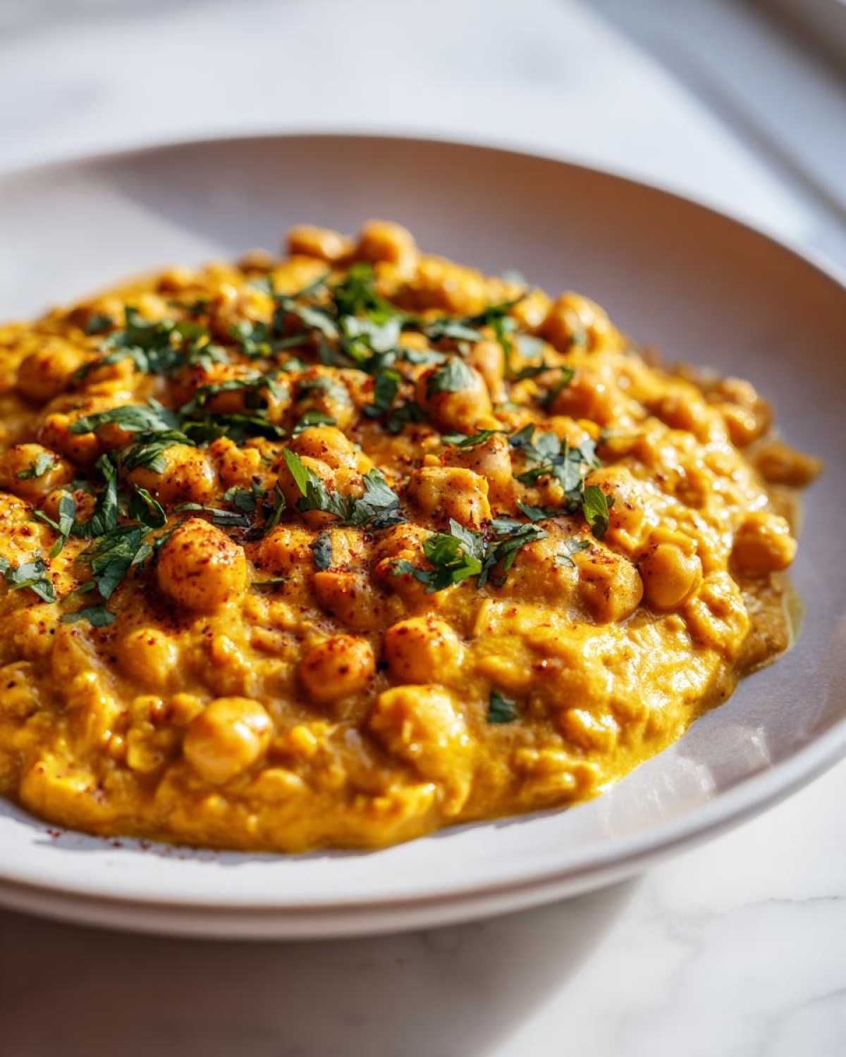 Close-up of rich, yellow Vegetarian Chickpea Curry with Coconut Milk garnished with fresh chopped cilantro.