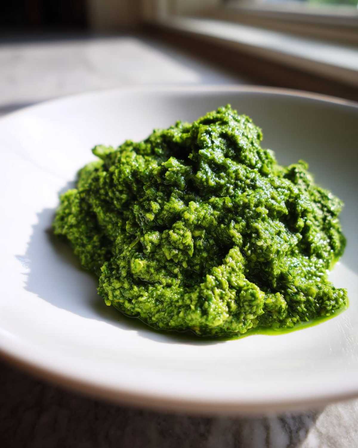 A vibrant mound of bright green Vegan Basil Pesto served on a white plate, highlighted by natural light.
