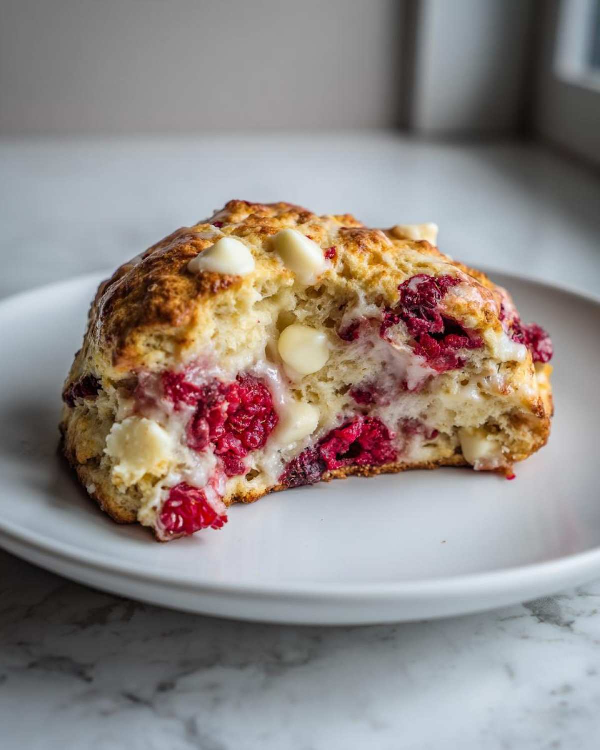 Close-up of a White Chocolate Raspberry Scones cross-section showing melted white chocolate chips and bright red raspberries.