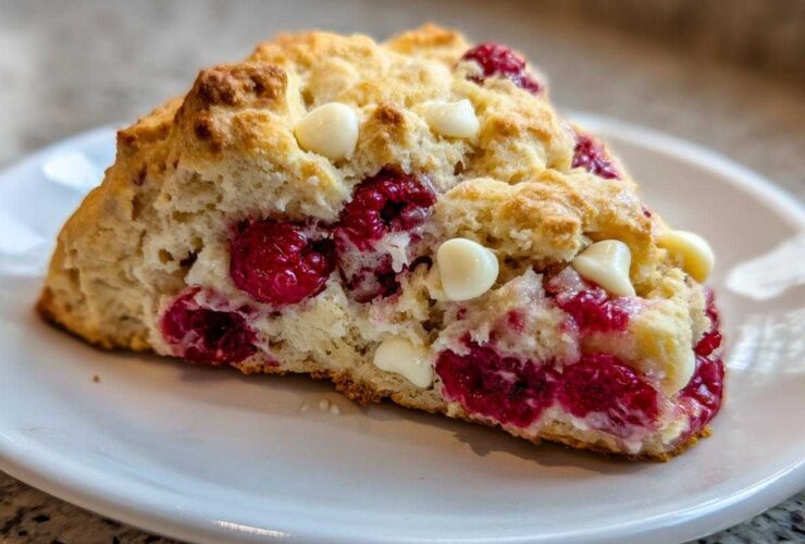 A close-up view of a freshly baked White Chocolate Raspberry Scones slice showing bright red raspberries and white chocolate chips.