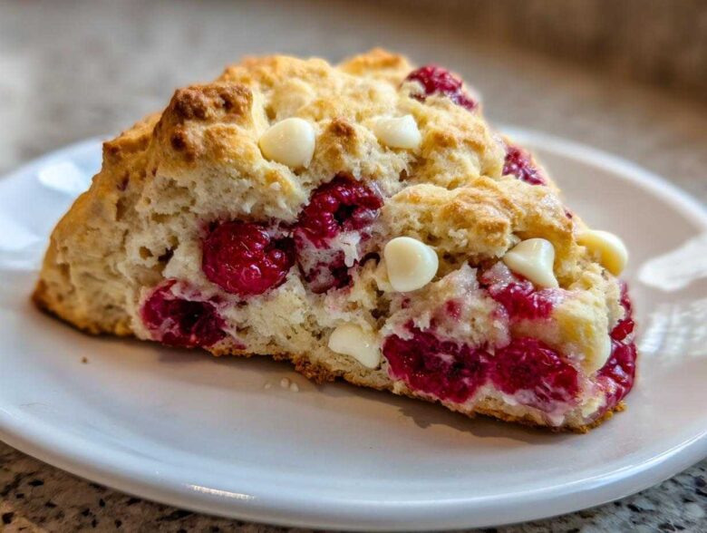 A close-up view of a freshly baked White Chocolate Raspberry Scones slice showing bright red raspberries and white chocolate chips.
