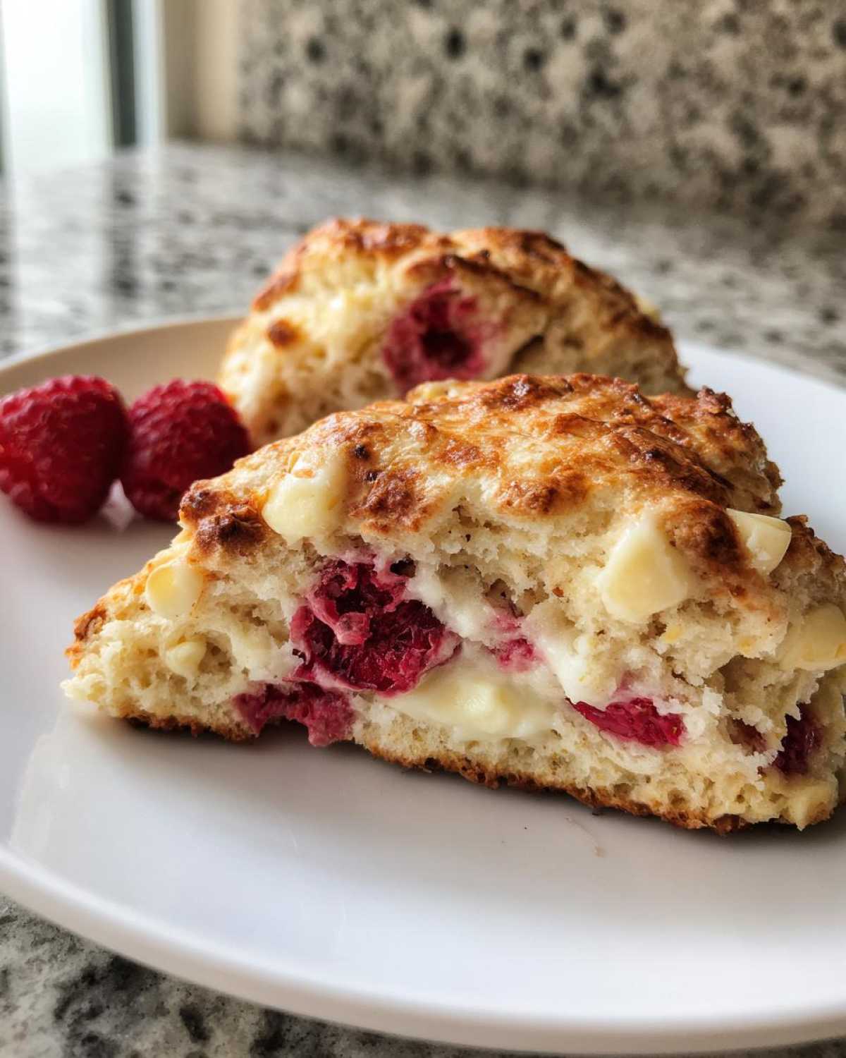 Close-up of a White Chocolate Raspberry Scones slice showing melted white chocolate and bright red raspberries inside the baked pastry.