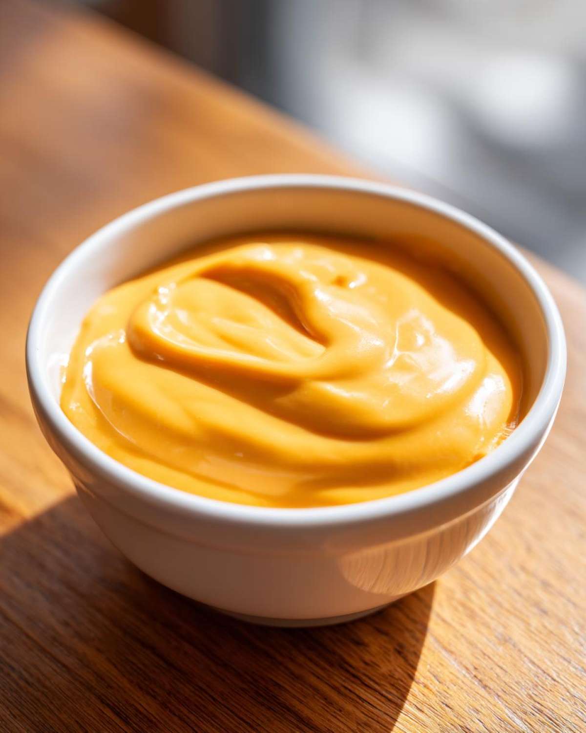 Close-up of a rich, creamy, bright orange cheese sauce swirled inside a small white bowl on a wooden surface.