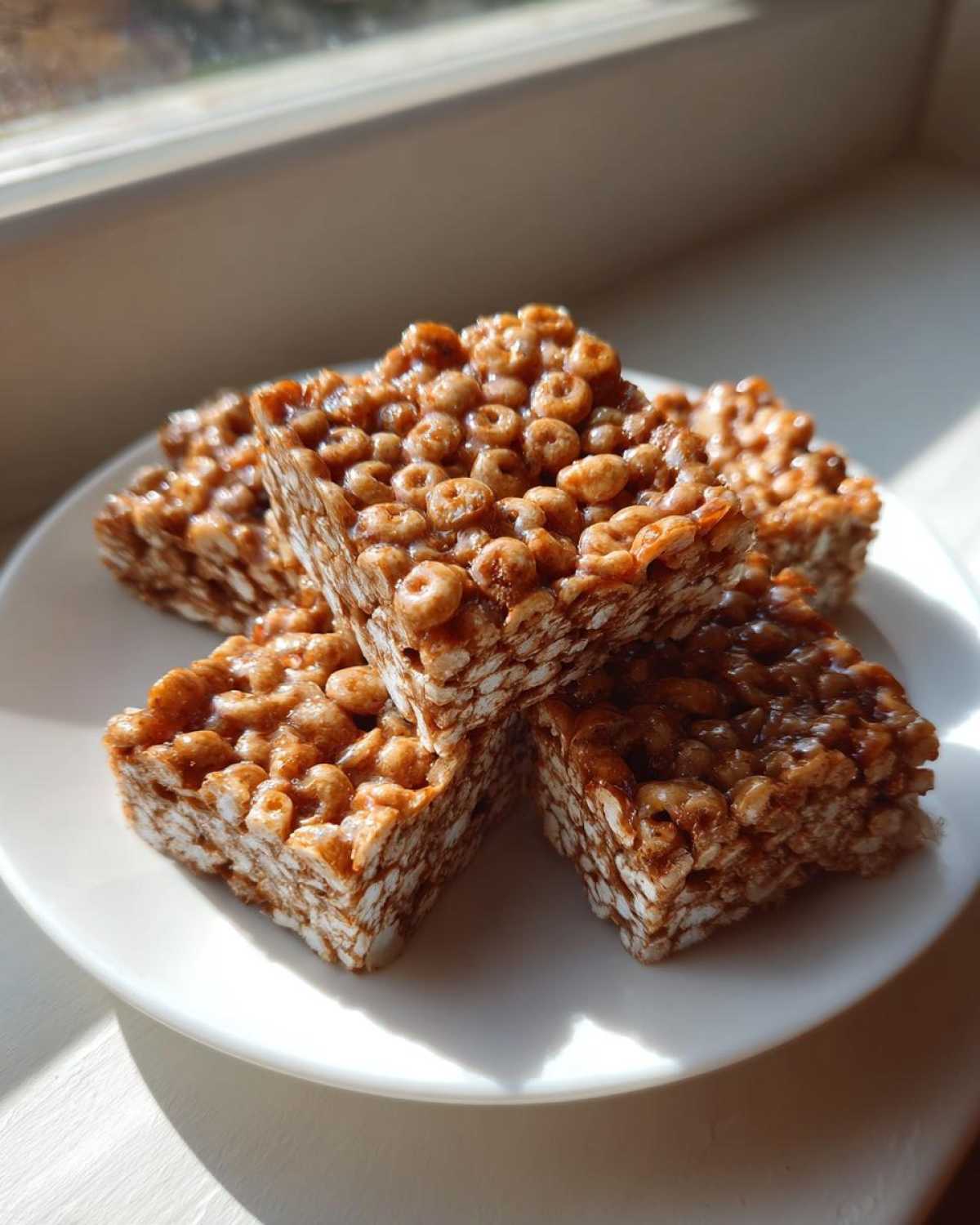 Four gooey, square-cut cheerio bars stacked on a white plate, glistening in sunlight.