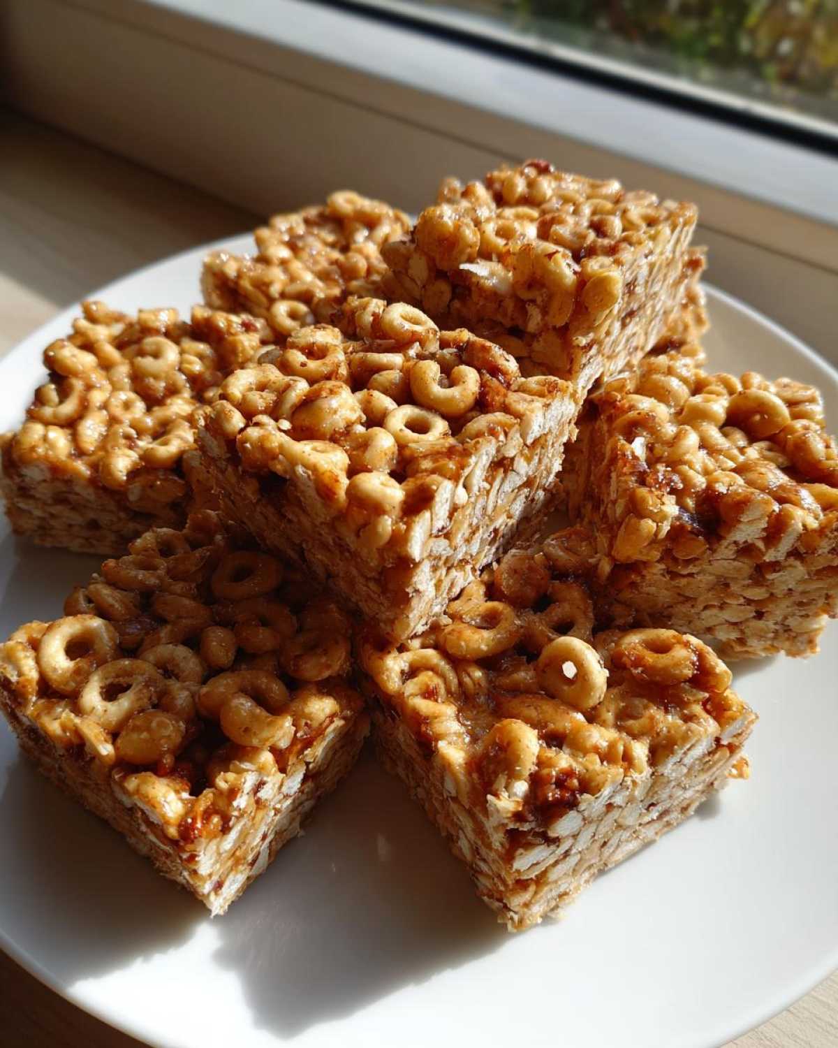 A stack of golden brown, chewy 3-ingredient cheerio bars made with cereal and a sticky binder, sitting on a white plate.