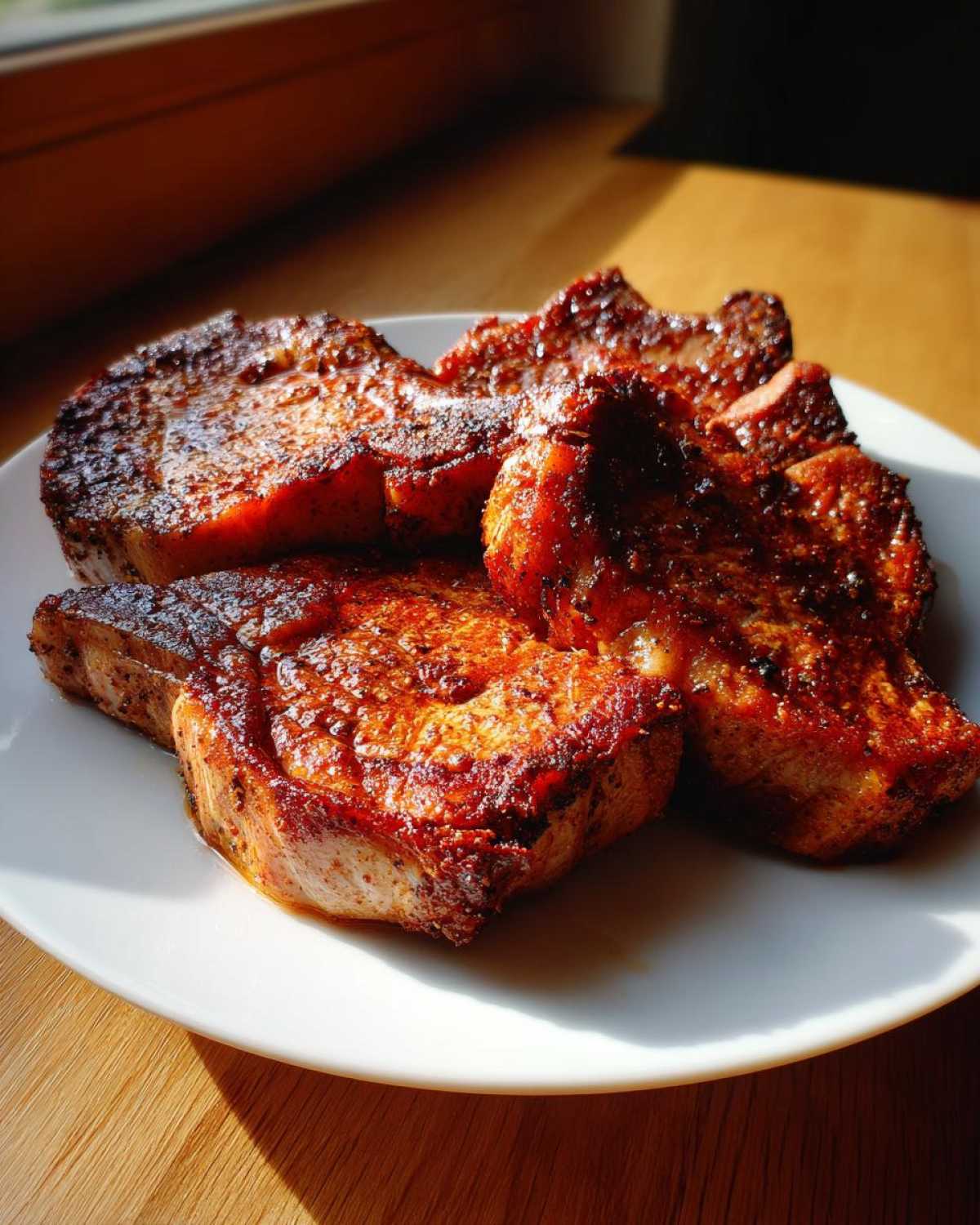 Four beautifully browned and seasoned air fryer pork chops resting on a white plate near a sunny window.