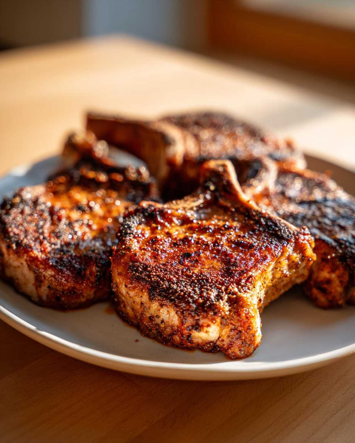 Close-up of several beautifully seared air fryer pork chops coated in a dark spice rub, resting on a light plate.