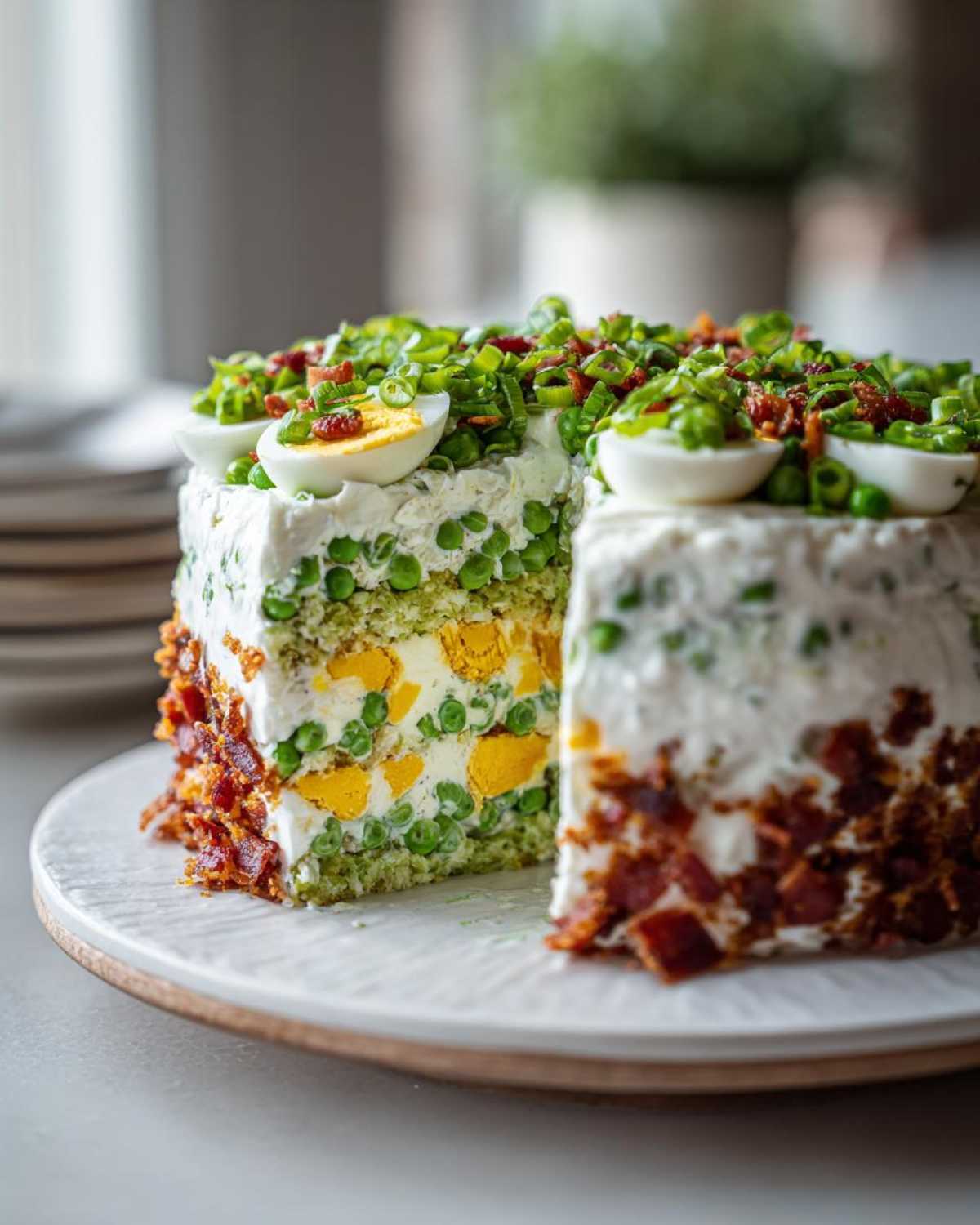 Cross-section view of a layered 7 layer salad molded into a cake shape, showing peas, eggs, and creamy dressing layers.