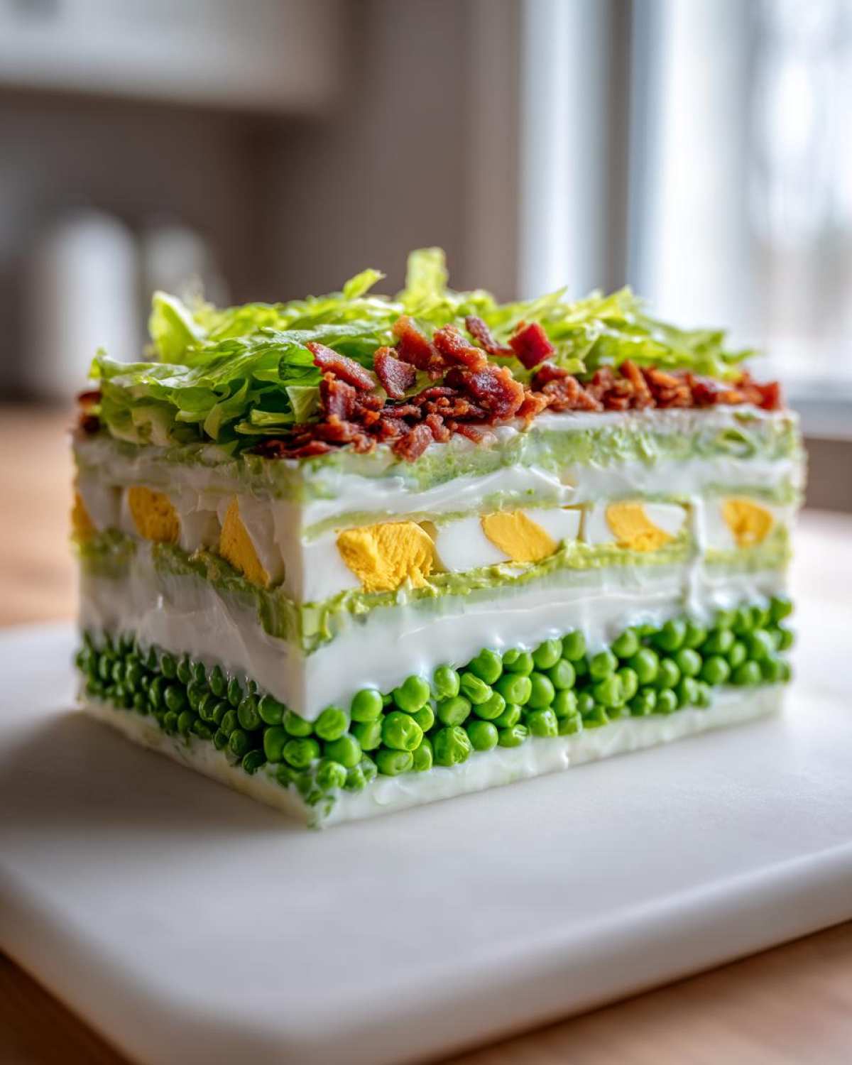 A perfectly cut square slice of a layered 7 layer salad showing distinct layers of peas, eggs, dressing, and lettuce topped with bacon.