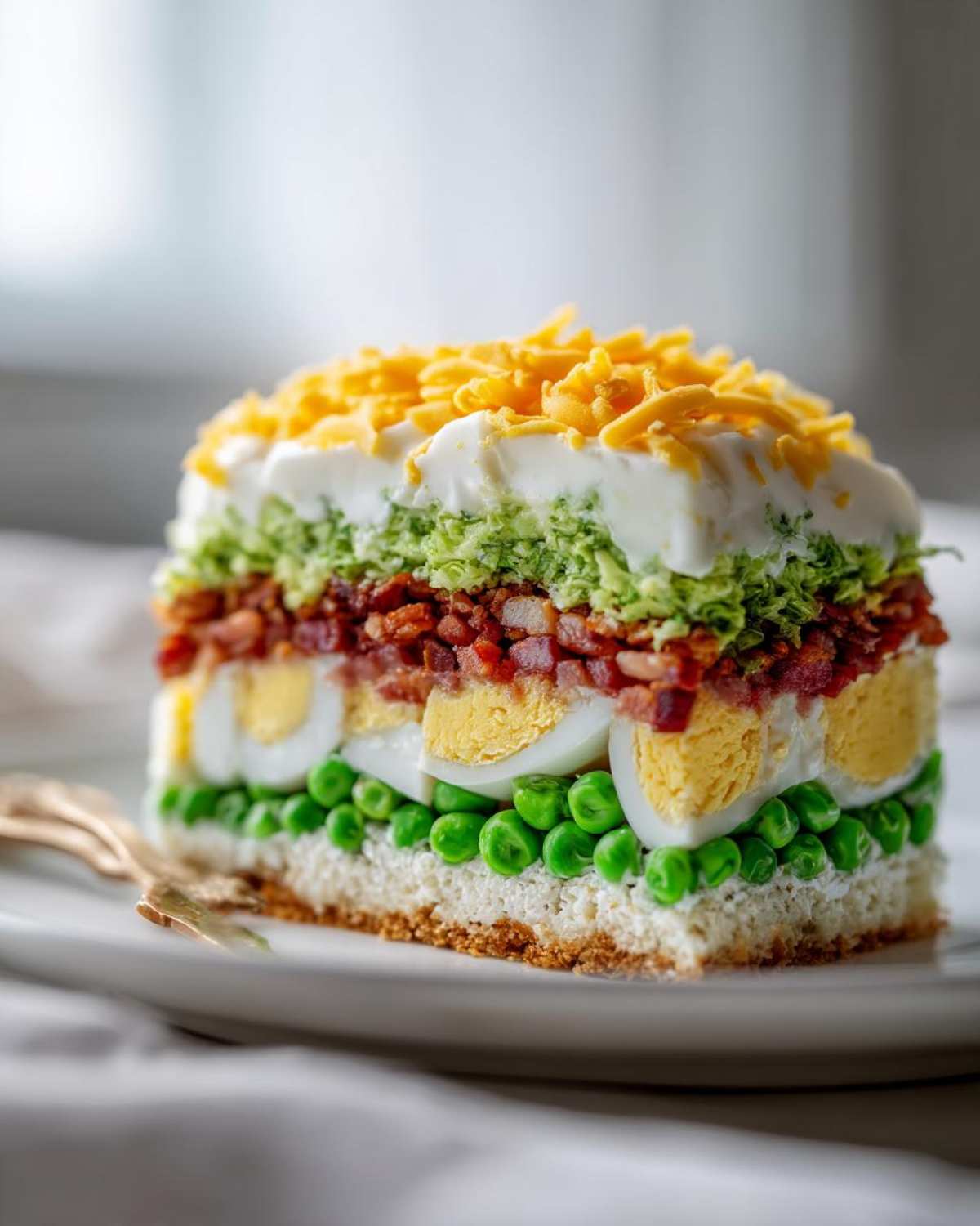 A tall, perfectly cut slice of 7 layer salad showing distinct layers of peas, eggs, bacon, greens, dressing, and cheese.