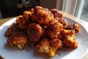 A pile of golden-brown, crispy Air Fryer Crispy BBQ Cauliflower Bites served on a white plate.