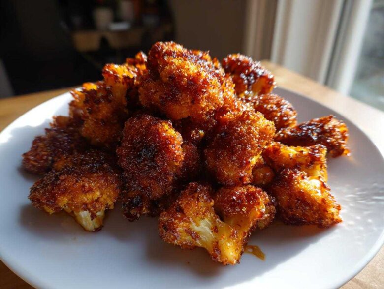 A pile of golden-brown, crispy Air Fryer Crispy BBQ Cauliflower Bites served on a white plate.