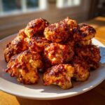 A pile of golden-brown, saucy Air Fryer Crispy BBQ Cauliflower Bites stacked on a white plate.