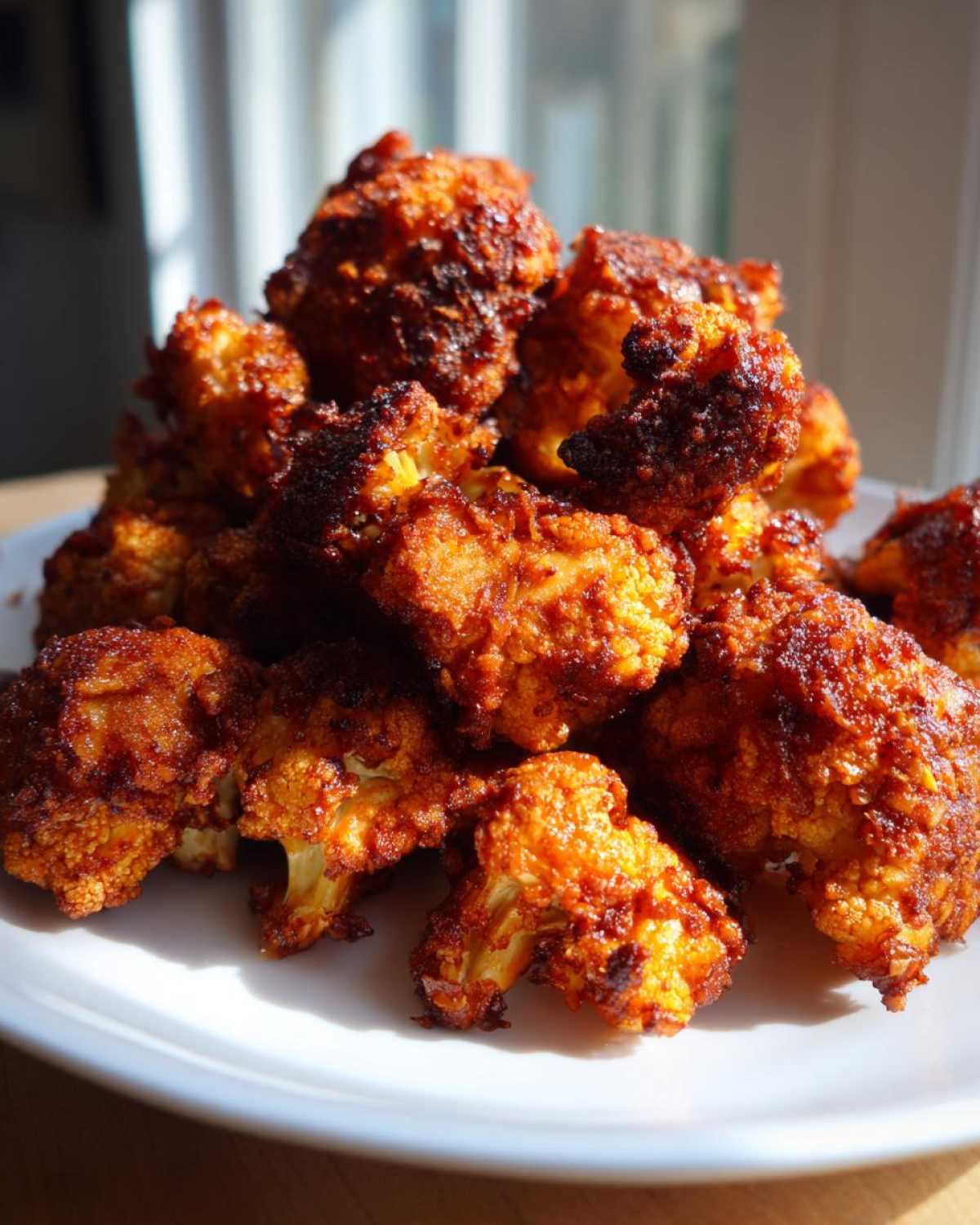 A mound of golden-brown, crispy Air Fryer Crispy BBQ Cauliflower Bites piled high on a white plate.