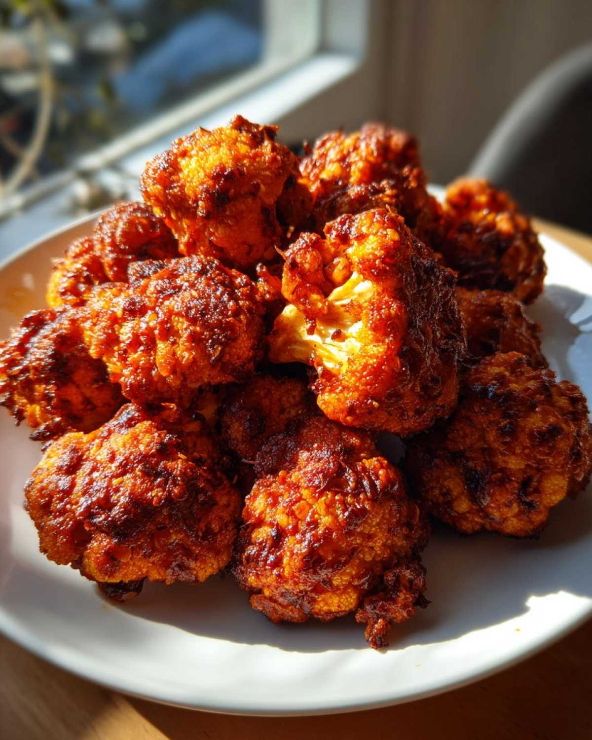 A pile of golden-brown, crispy Air Fryer Crispy BBQ Cauliflower Bites stacked on a white plate.
