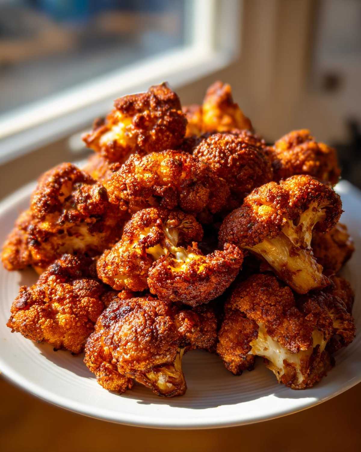 A close-up of a mound of golden-brown, crispy Air Fryer Crispy BBQ Cauliflower Bites piled high on a white plate.