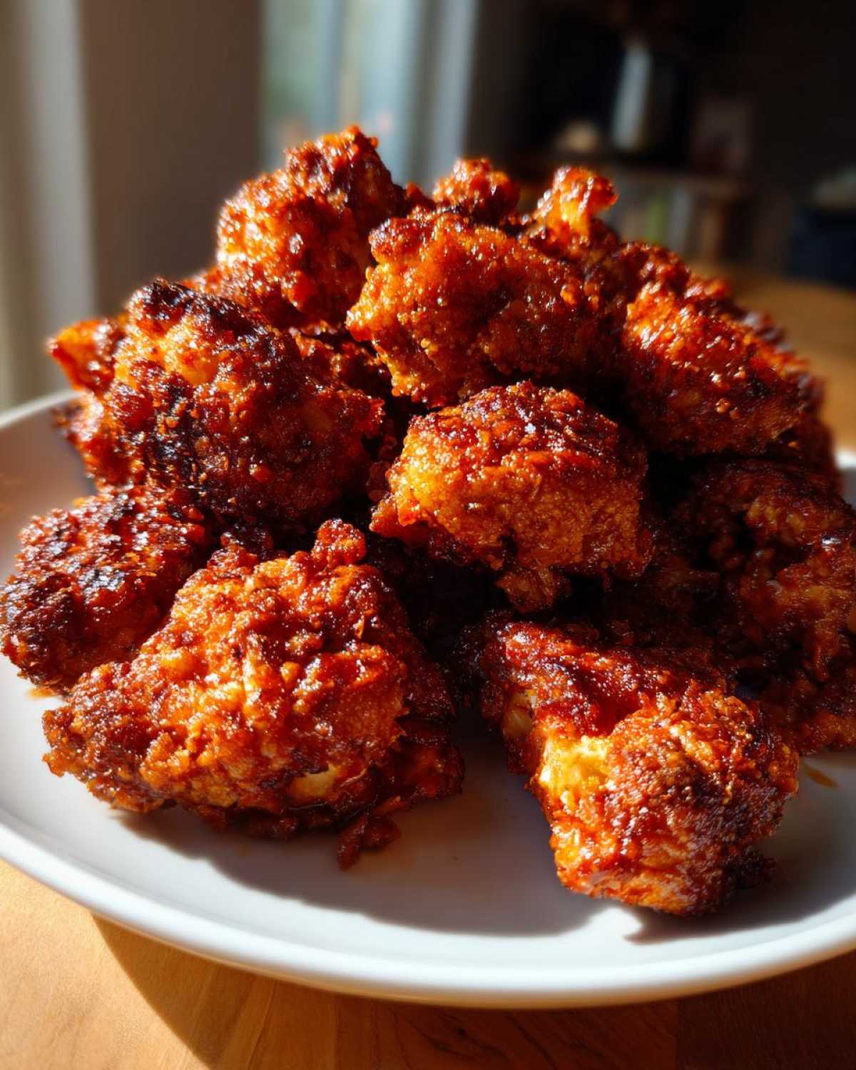 A close-up, sunlit pile of deep reddish-brown Air Fryer Crispy BBQ Cauliflower Bites served on a white plate.