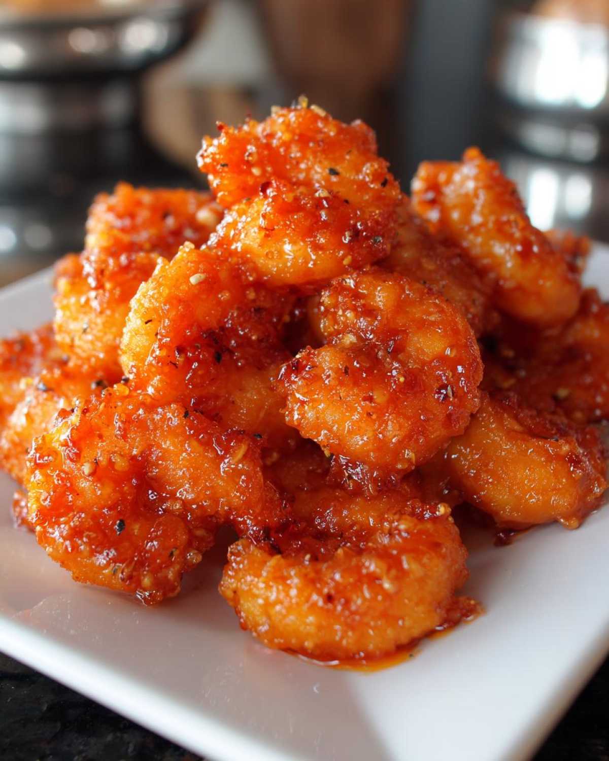 A close-up pile of golden, crispy Air Fryer Crispy Buffalo Shrimp coated in a glossy, spicy orange sauce.