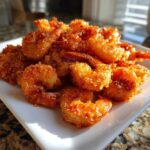 A close-up of a pile of golden brown, crispy Air Fryer Crispy Buffalo Shrimp served on a square white plate.