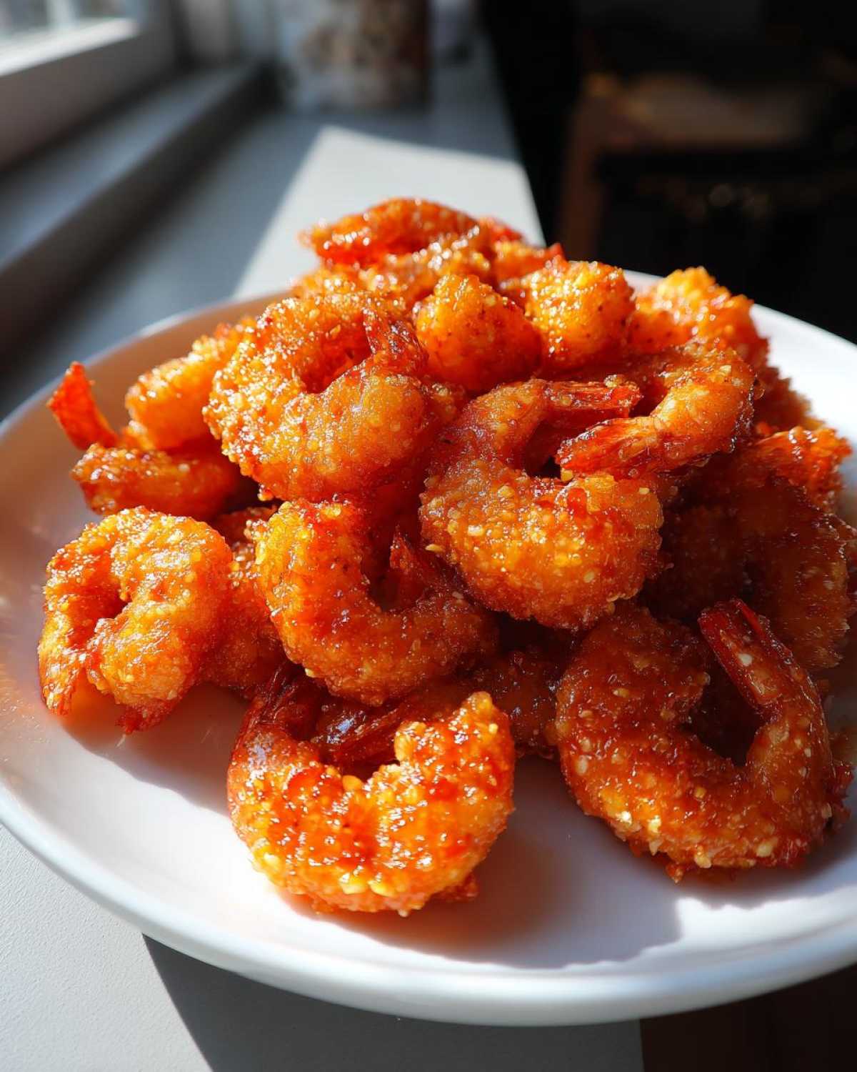 A mound of bright orange, crispy Air Fryer Crispy Buffalo Shrimp piled high on a white plate, glistening under natural light.