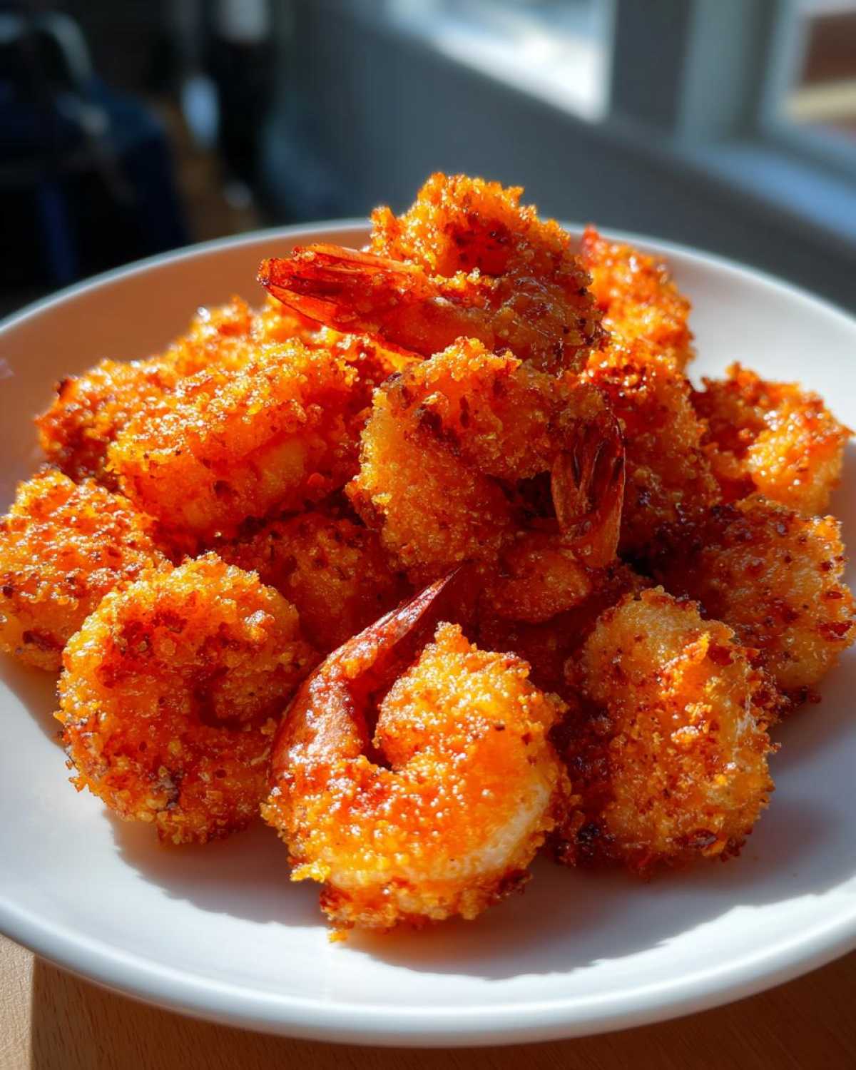 Close-up of a white plate piled high with bright orange, crispy Air Fryer Crispy Buffalo Shrimp.