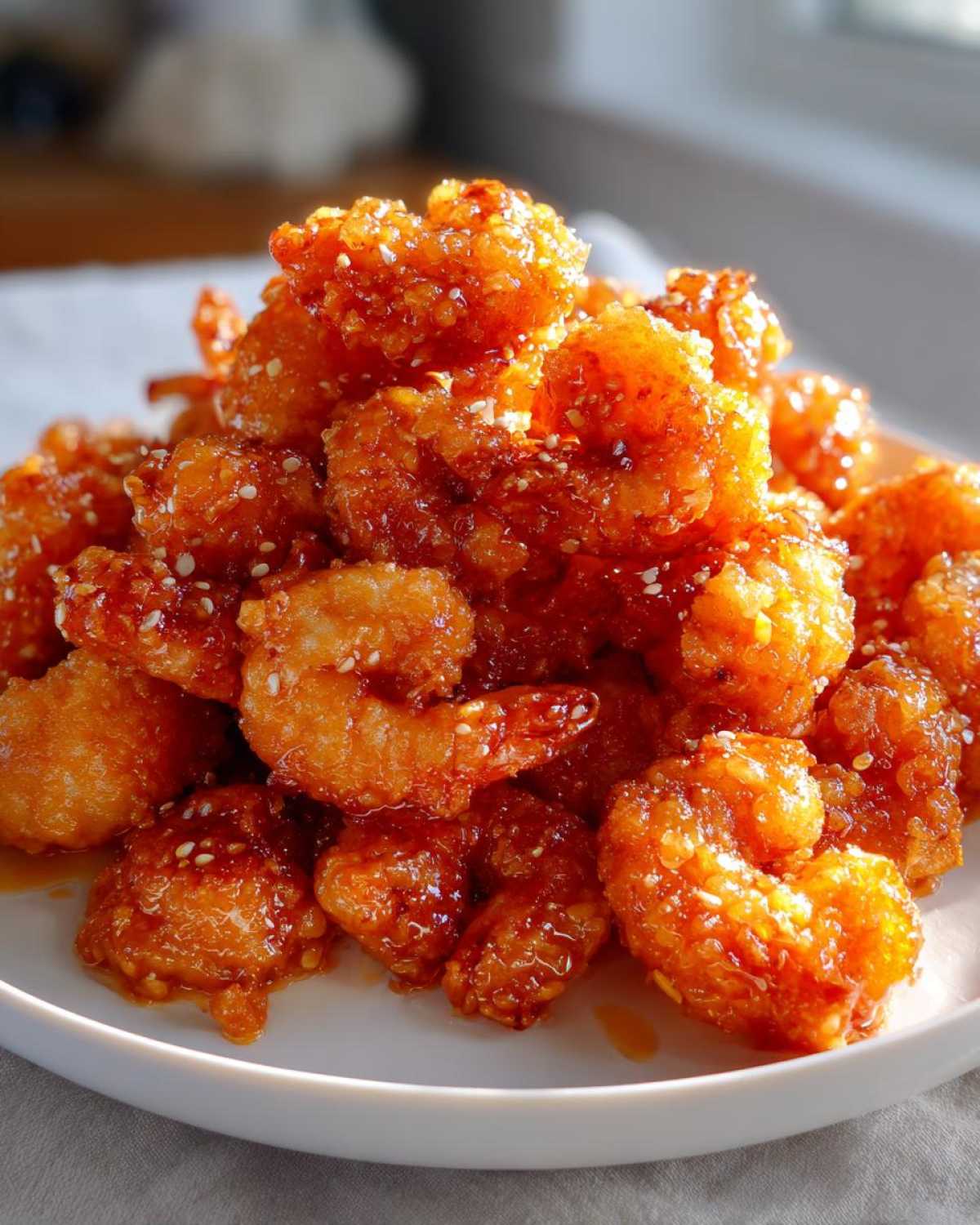 A close-up of a mound of golden, crispy Air Fryer Crispy Buffalo Shrimp coated in a glossy sauce and sprinkled with sesame seeds.