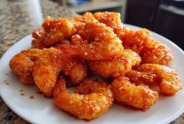 A pile of glistening, orange-glazed Air Fryer Crispy Buffalo Shrimp served on a white plate.