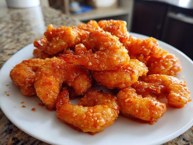A pile of glistening, orange-glazed Air Fryer Crispy Buffalo Shrimp served on a white plate.