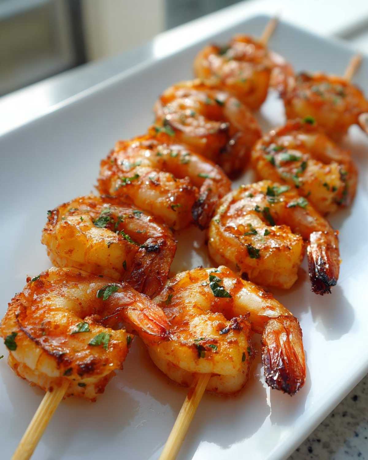Close-up of perfectly cooked Air Fryer Crispy Cajun Shrimp Skewers garnished with parsley on a white serving platter.