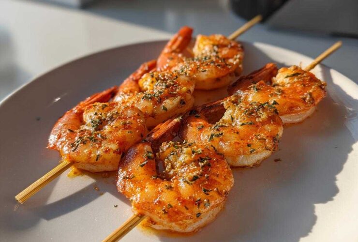 Close-up of three Air Fryer Crispy Cajun Shrimp Skewers seasoned with herbs on a white plate.