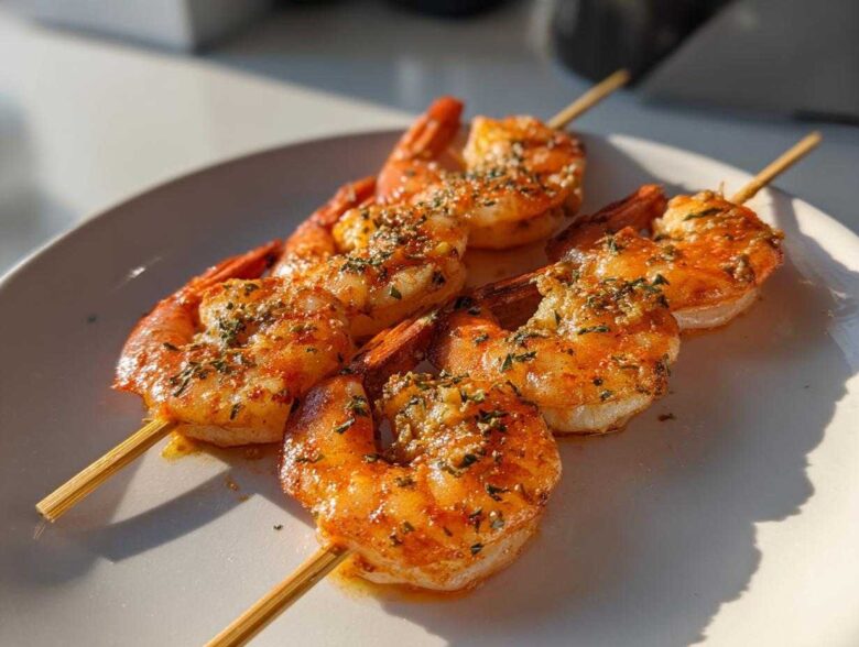 Close-up of three Air Fryer Crispy Cajun Shrimp Skewers seasoned with herbs on a white plate.