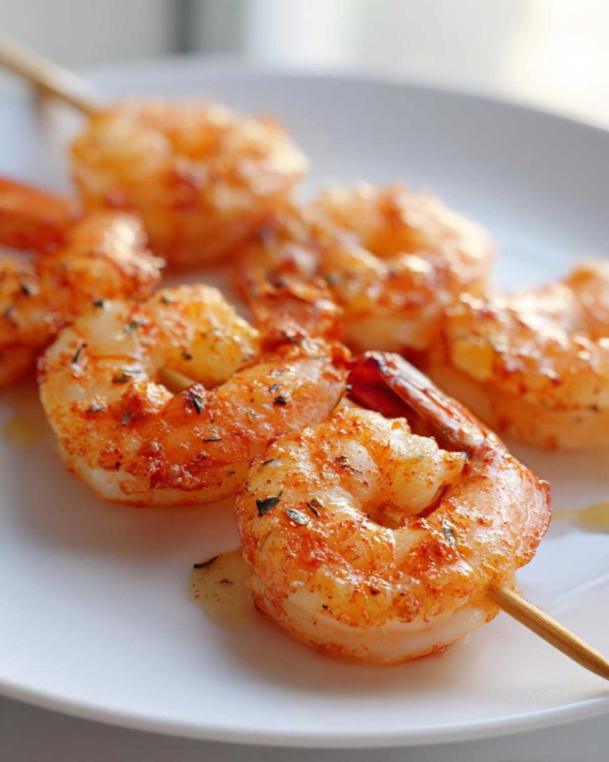 Close-up of perfectly cooked Air Fryer Crispy Cajun Shrimp Skewers seasoned with spices on a white plate.