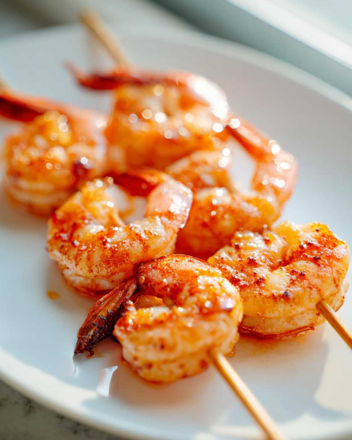 Close-up of juicy, seasoned Air Fryer Crispy Cajun Shrimp Skewers resting on a white plate.