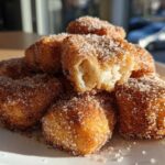 A close-up of golden Air Fryer Crispy Cinnamon Sugar Biscuit Bites piled on a white plate, coated heavily in sugar.