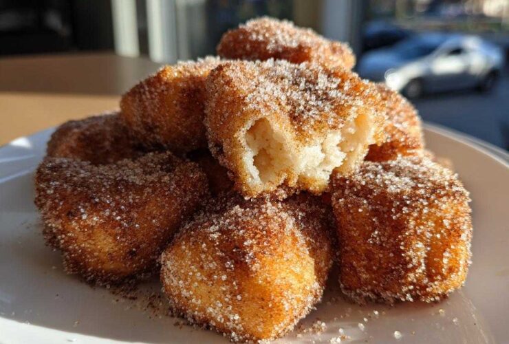 A close-up of golden Air Fryer Crispy Cinnamon Sugar Biscuit Bites piled on a white plate, coated heavily in sugar.