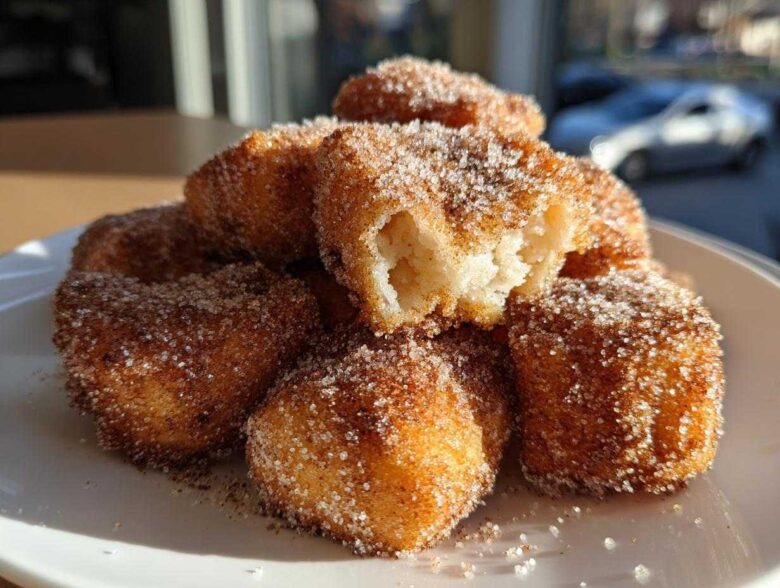 A close-up of golden Air Fryer Crispy Cinnamon Sugar Biscuit Bites piled on a white plate, coated heavily in sugar.