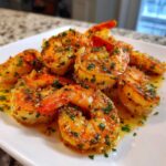 Close-up of juicy Air Fryer Crispy Garlic Butter Shrimp coated in butter, garlic, and parsley on a white plate.