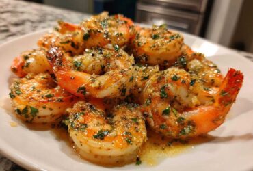 A close-up of perfectly cooked Air Fryer Crispy Garlic Butter Shrimp seasoned with herbs and butter sauce on a white plate.