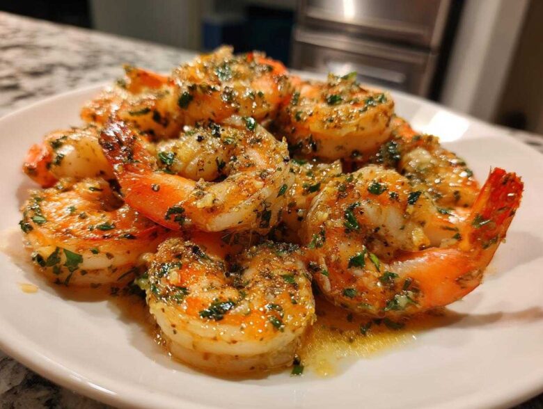 A close-up of perfectly cooked Air Fryer Crispy Garlic Butter Shrimp seasoned with herbs and butter sauce on a white plate.