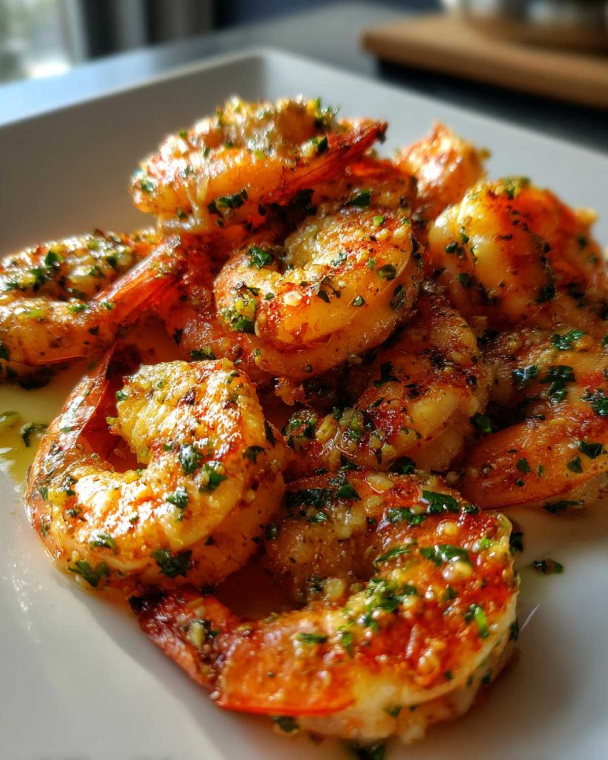 Close-up of juicy, orange Air Fryer Crispy Garlic Butter Shrimp coated in melted butter and chopped parsley.