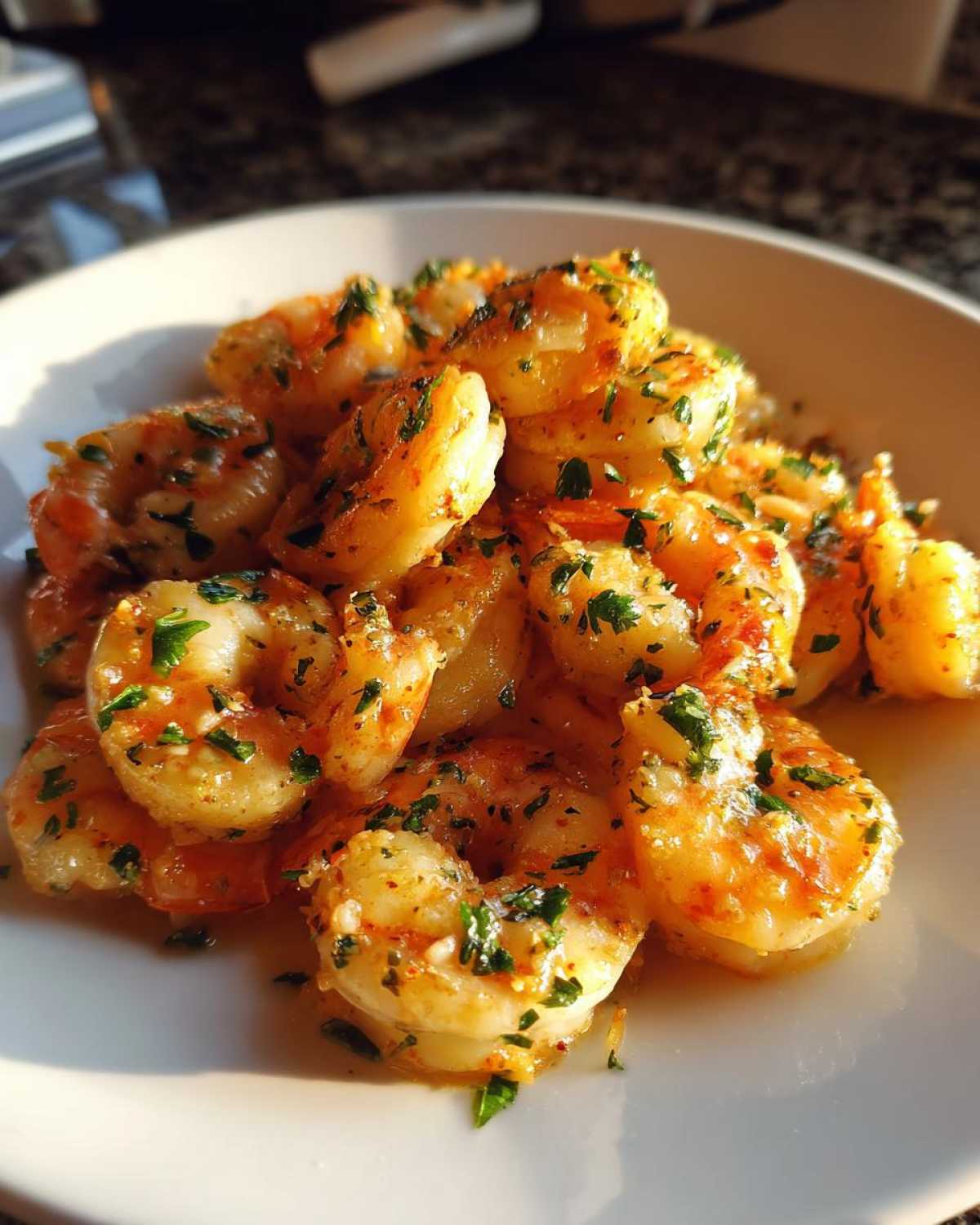 Close-up of juicy Air Fryer Crispy Garlic Butter Shrimp tossed in butter sauce and fresh parsley, served on a white plate.