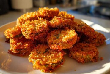 A pile of golden brown Air Fryer Crispy Garlic Dill Pickles slices on a white plate, highlighted by sunlight.