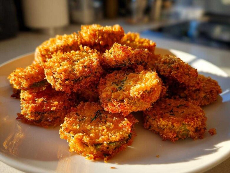 A pile of golden brown Air Fryer Crispy Garlic Dill Pickles slices on a white plate, highlighted by sunlight.