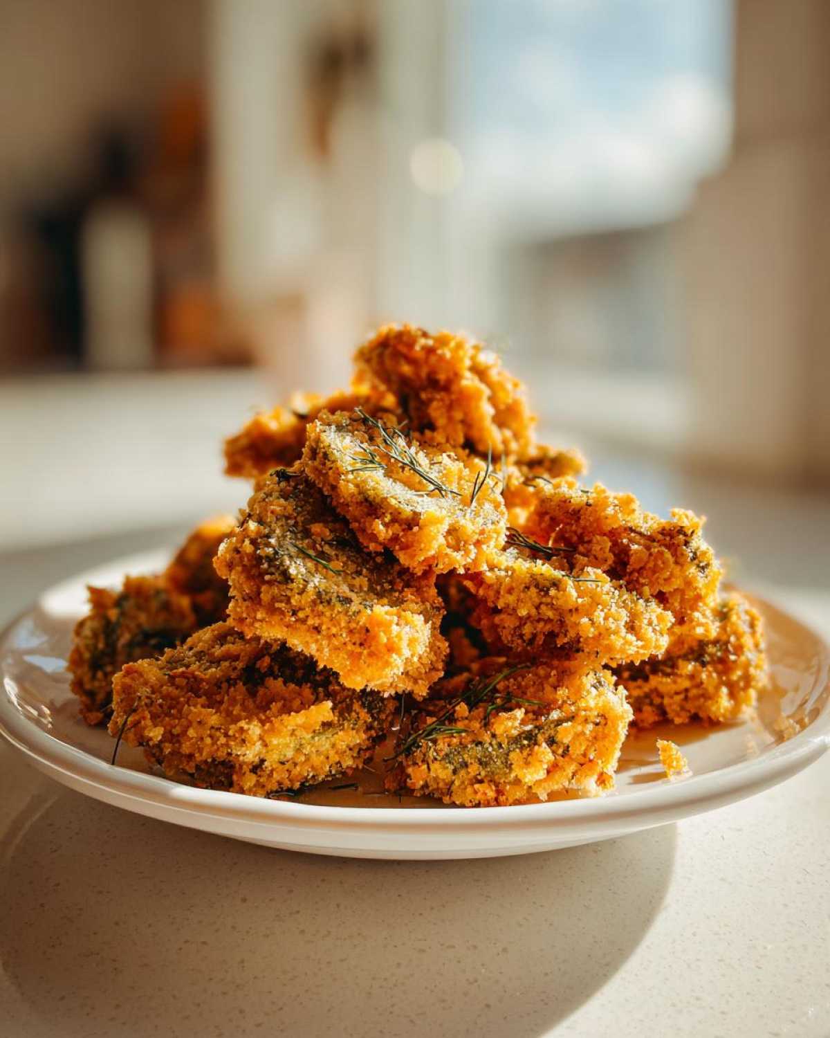 A pile of golden brown, crispy Air Fryer Garlic Dill Pickles garnished with fresh dill sprigs.