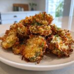 A close-up stack of golden brown Air Fryer Crispy Garlic Dill Pickles garnished with fresh dill.