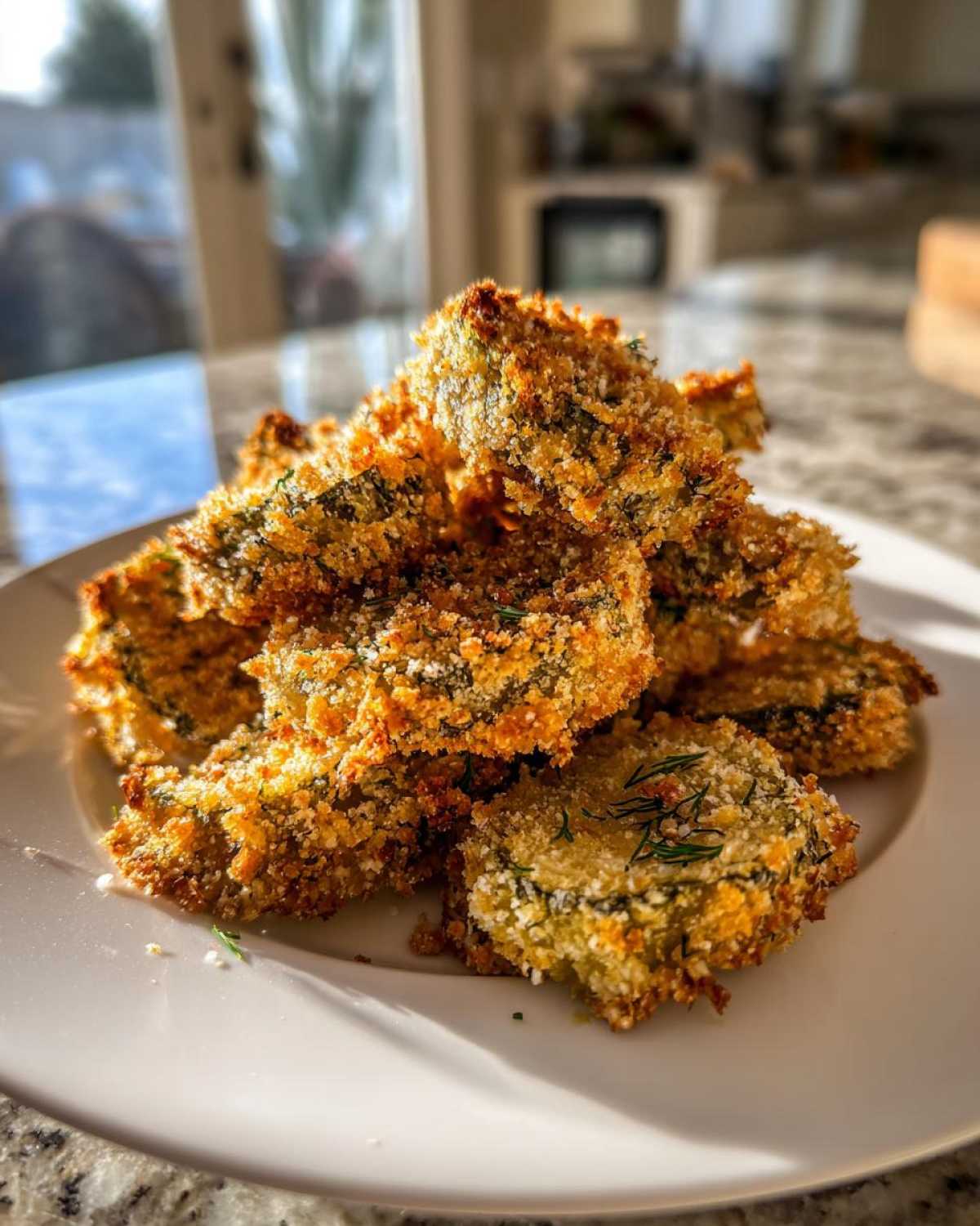 A close-up stack of golden brown Air Fryer Crispy Garlic Dill Pickles piled high on a white plate.