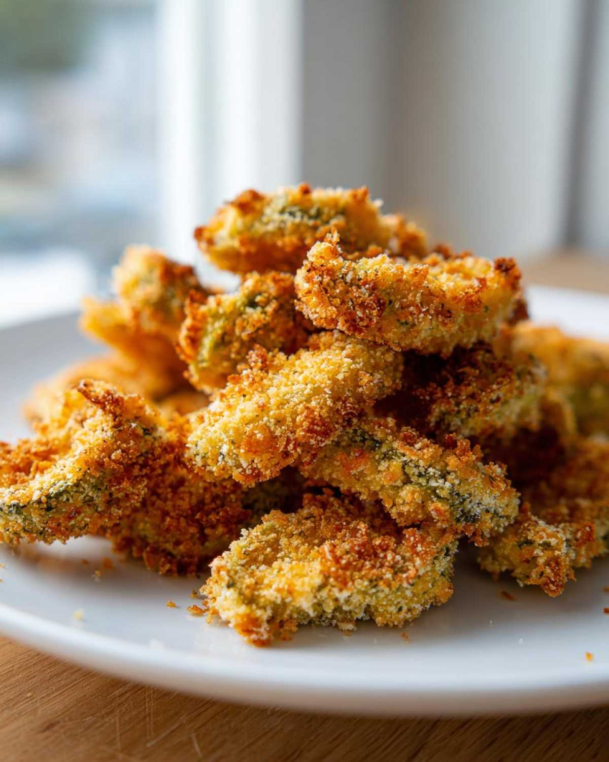 A close-up of a pile of golden brown, crispy Air Fryer Crispy Garlic Dill Pickles on a white plate.