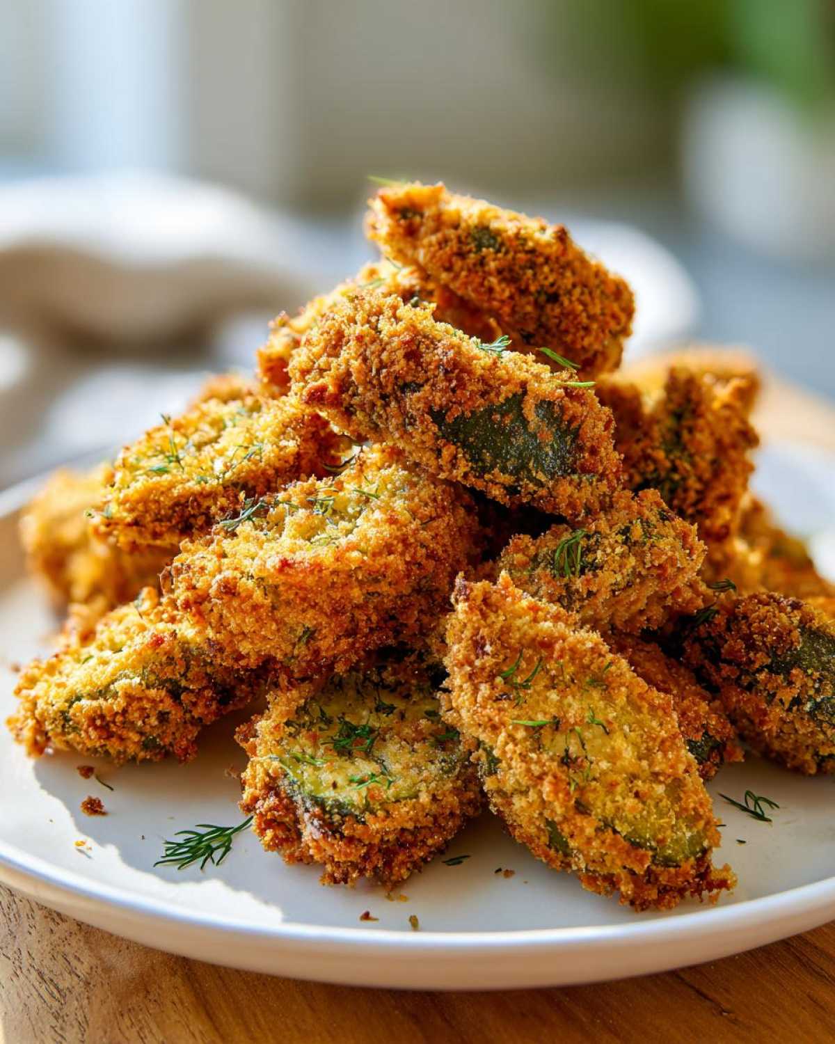A tall pile of golden brown Air Fryer Crispy Garlic Dill Pickles spears dusted with dill.