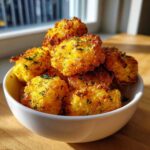 A close-up of golden brown Air Fryer Crispy Garlic Parmesan Tater Tots piled high in a white bowl.