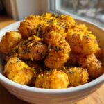 A white bowl filled with golden brown Air Fryer Crispy Garlic Parmesan Tater Tots topped with shredded cheese and parsley.